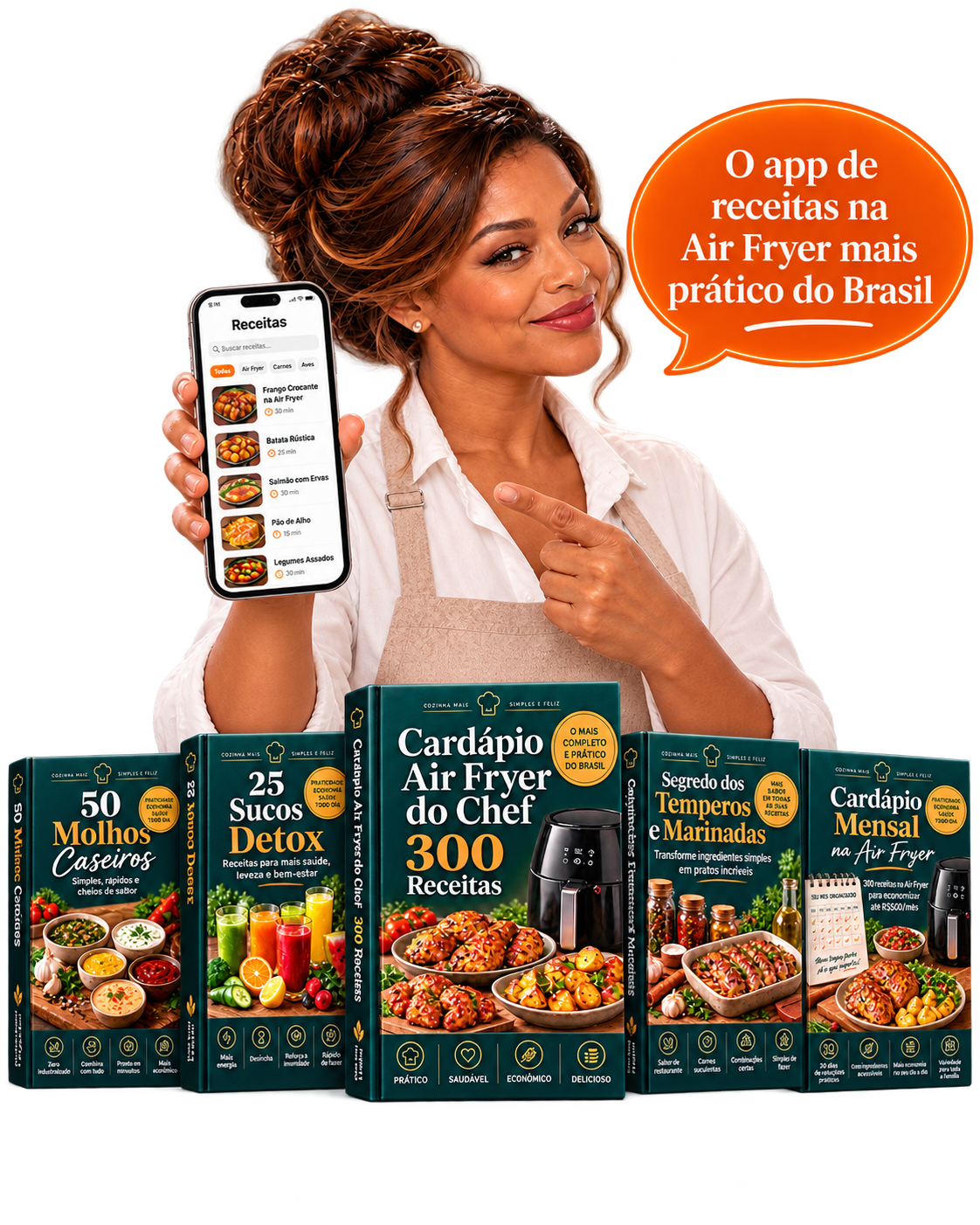 Chef mostrando aplicativo de receitas Já Quero Fazer com coleção de ebooks e balão de fala