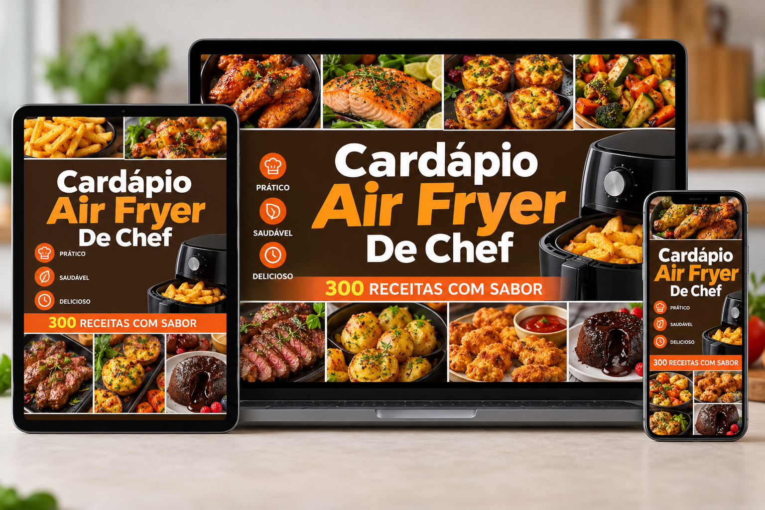 Cardápio Air Fryer de Chef em notebook, tablet e celular